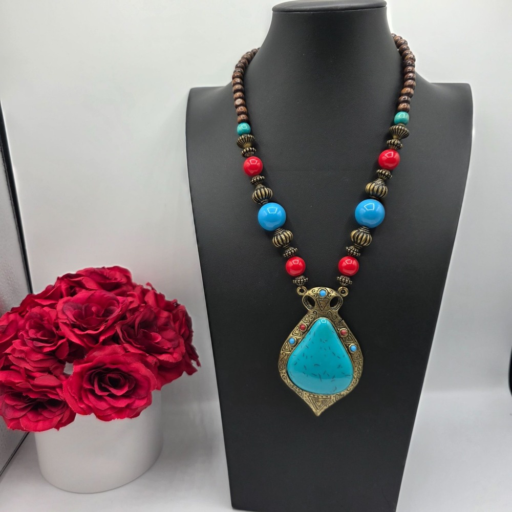 Bohemian Beaded Necklace Statement Pendant Turquoise Blue Red Beads Antique Gold